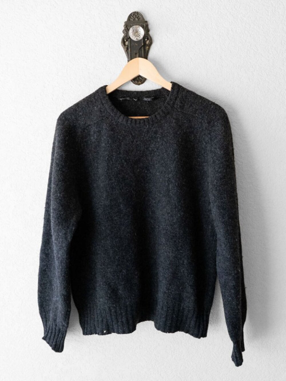 Vintage Andrew St John Sweater L Shetland Wool Hungary Charcoal Crewneck Flaws